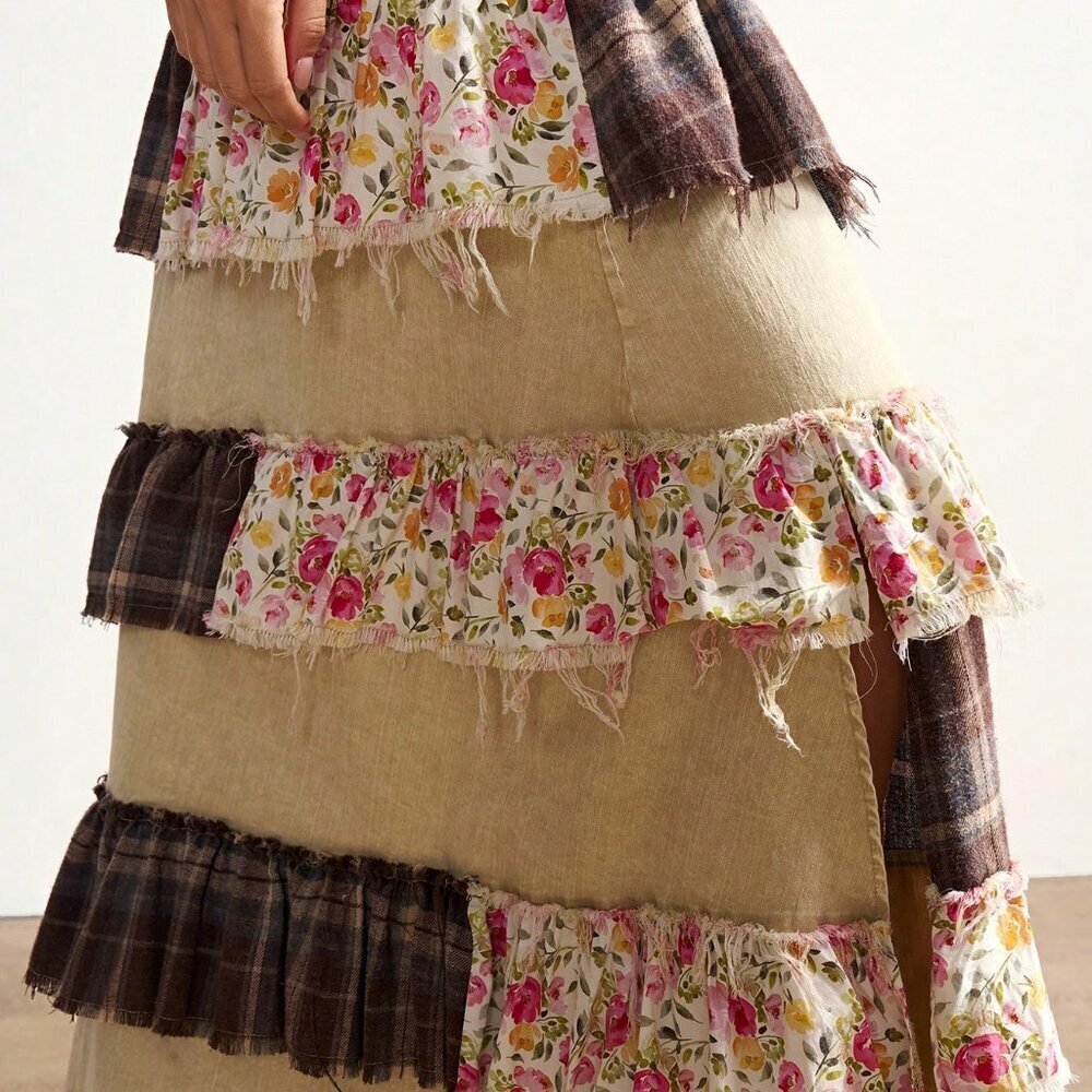 Khaki Boho Women's Country Vacation Casual Woven Patchwork Plaid Split Hem Skirt - Picture 6 of 7